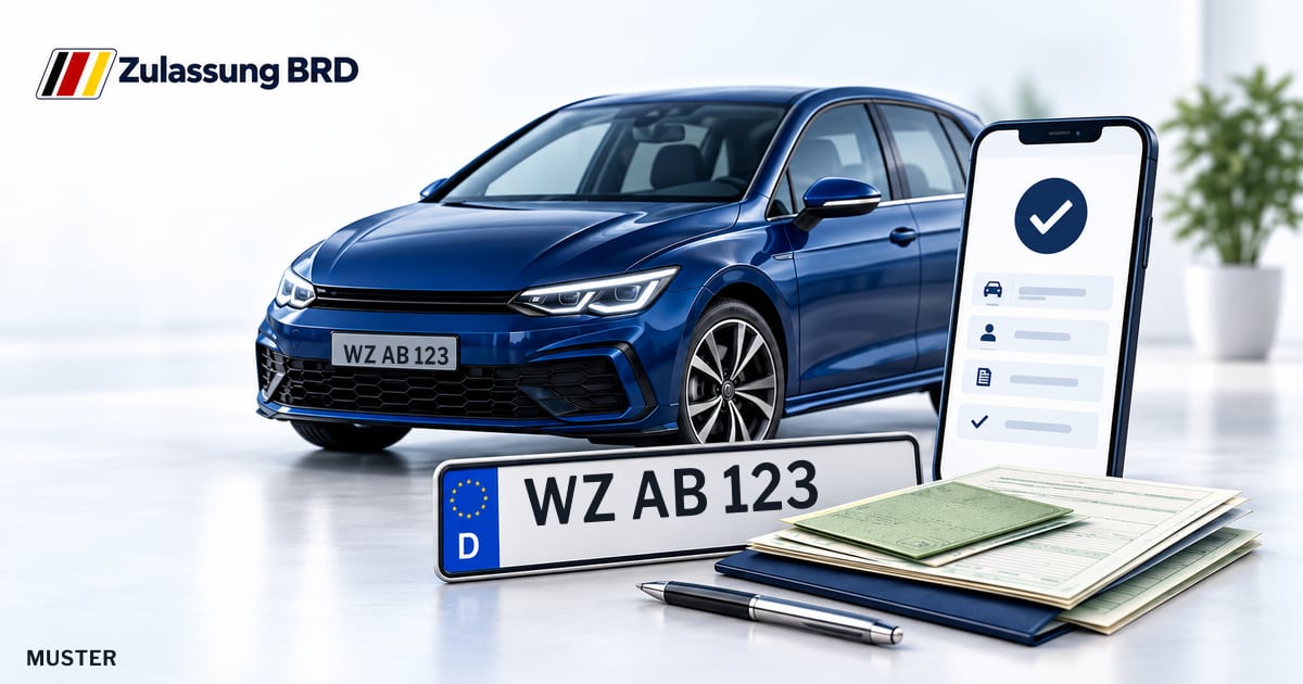 Online Fahrzeugzulassung in Greifenstein: Musterkennzeichen WZ AB 123, Auto und Fahrzeugpapiere und Smartphone. Illustration mit Logo von Zulassung BRD.